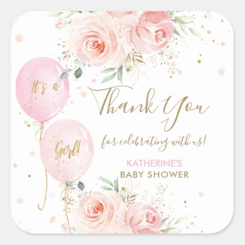 Balloons Floral Girl Baby Shower Thank You Favor Square Sticker