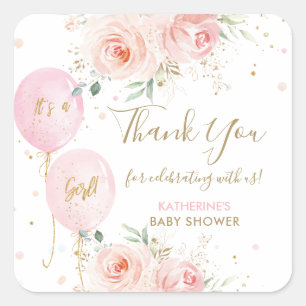 Balloons Floral Girl Baby Shower Thank You Favor Square Sticker