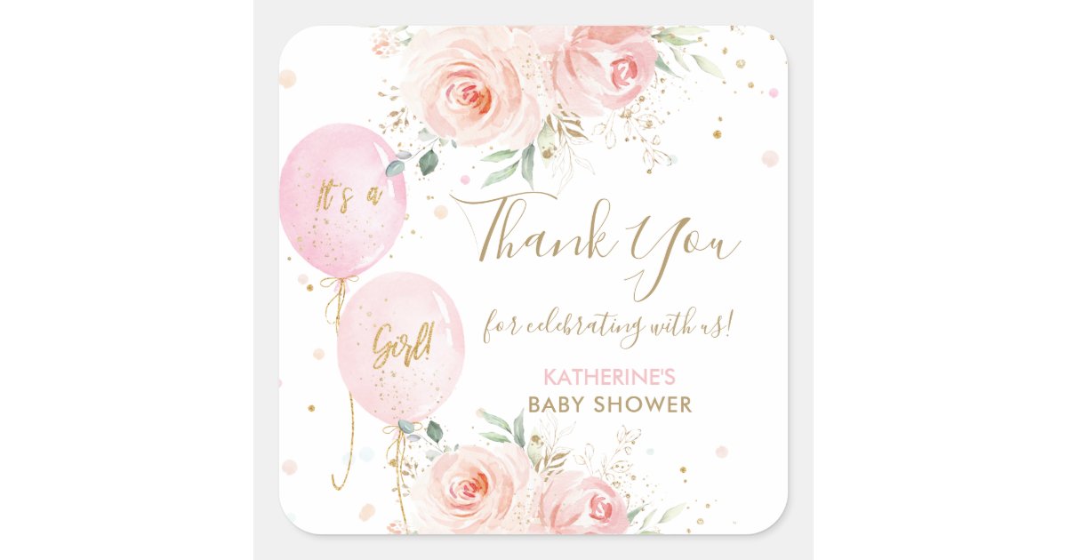 Balloons Floral Girl Baby Shower Thank You Favor Square Sticker | Zazzle