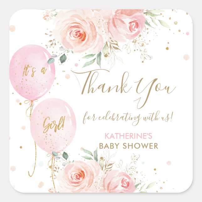 Balloons Floral Girl Baby Shower Thank You Favor Square Sticker (Front)