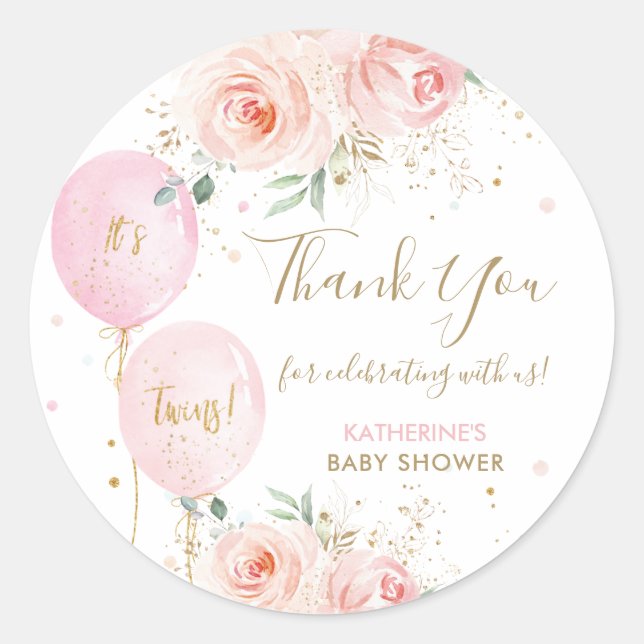 Balloons Floral Twins Baby Shower Thank You Favor Classic Round Sticker (Front)