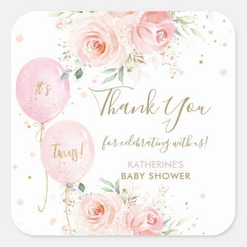 Balloons Floral Twins Baby Shower Thank You Favor Square Sticker