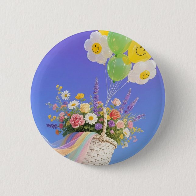 Balloons & Flower Basket Button – Cute Gift Badge  (Front)