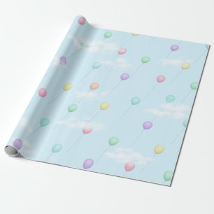 Balloons Flying in Blue Sky With Clouds Wrapping Paper