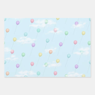 Balloons Flying in Blue Sky With Clouds Wrapping Paper Sheets
