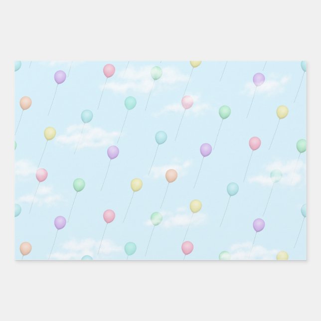 Balloons Flying in Blue Sky With Clouds Wrapping Paper Sheets (Front)