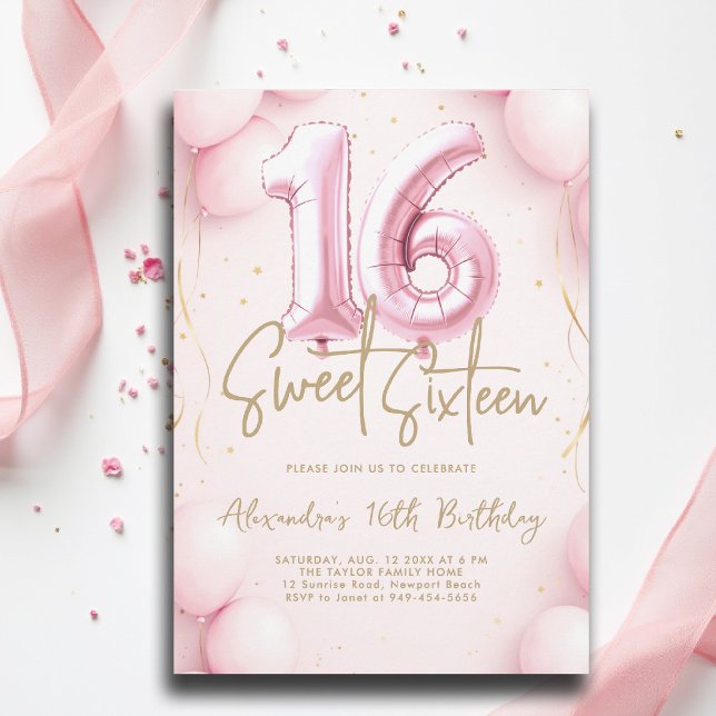 Balloons Girly Pink Calligraphy Elegant Sweet 16 Invitation (sweet sixteen invitation 16th birthday party pink balloons calligraphy glam feminine girly)