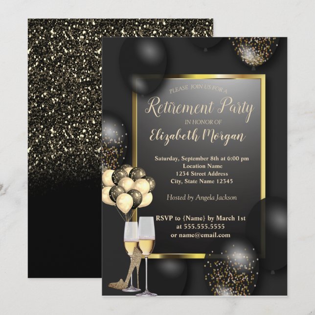Balloons, Glas,High Heels,Black Retirement    Invitation (Front/Back)