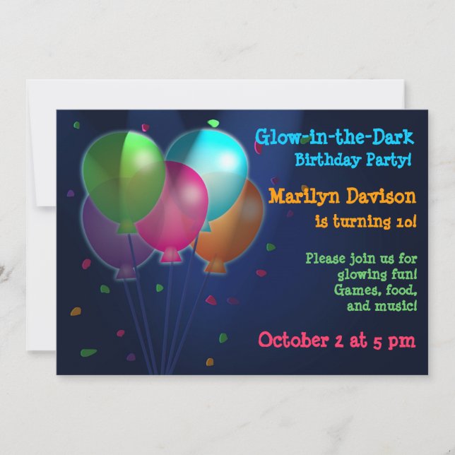 Balloons Glow in the Dark Party Invitations (Front)