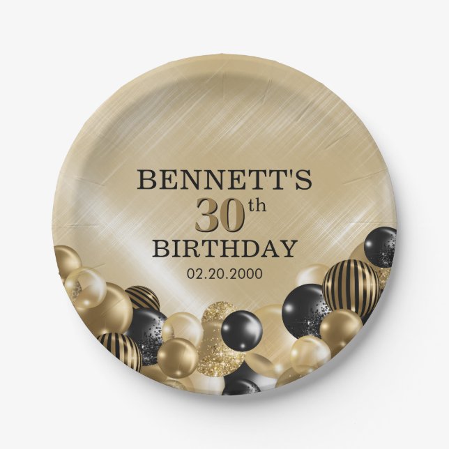 Balloons Gold Birthday Paper Plates (Front)