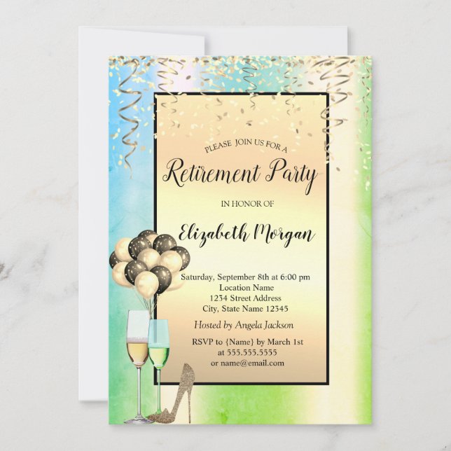 Balloons,Gold Confetti Green Retirement  Invitation (Front)