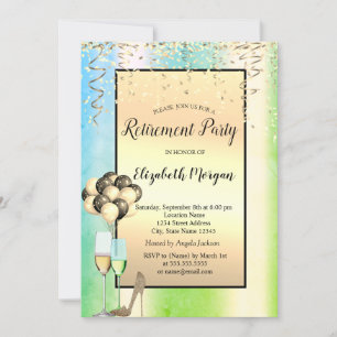 Balloons,Gold Confetti Green Retirement Invitation