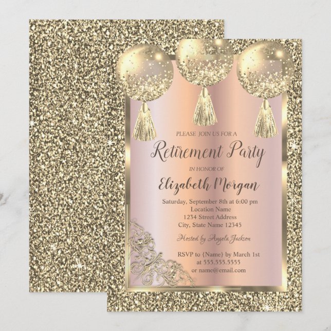  Balloons,Gold Frame,Rose Gold,Glitter Retirement Invitation (Front/Back)