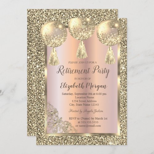  BalloonsGold FrameRose GoldGlitter Retirement Invitation