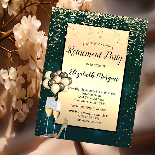 BalloonsGold High HeelsGreen Retirement Invitation