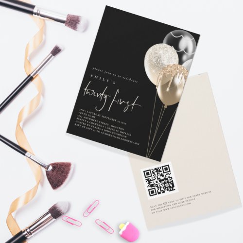 Balloons Gold Ivory QR Code 21st Party Black Invitation