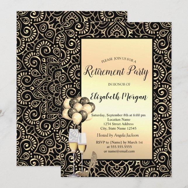 Balloons,Gold Mandala Black Retirement  Invitation (Front/Back)