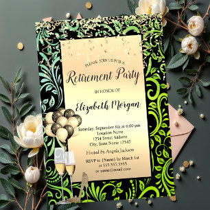Balloons,Gold Swirls Green Retirement Invitation