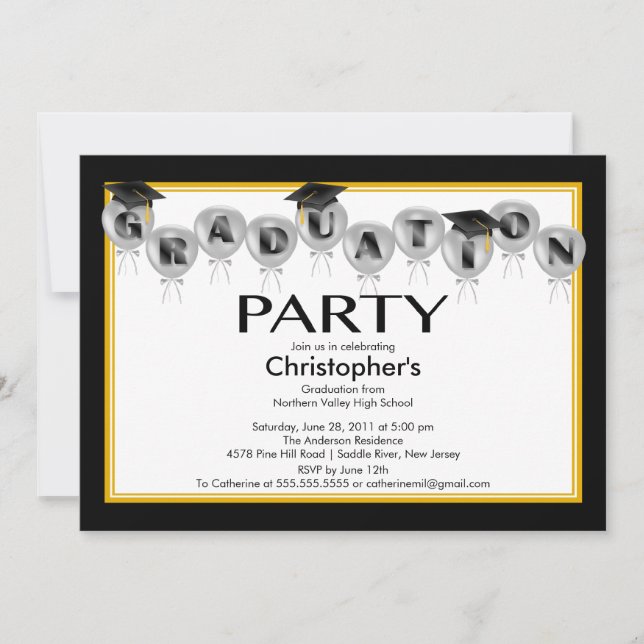 Balloons Graduation Party Invitation Black Cap (Front)