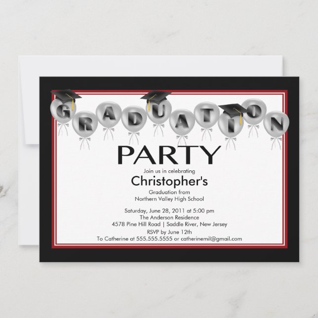 Balloons Graduation Party Invitation Black Cap (Front)