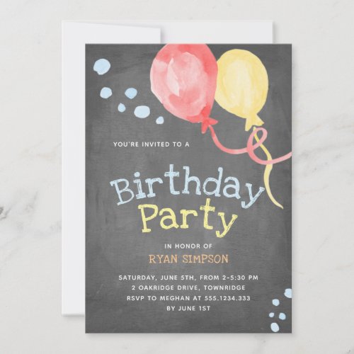 Balloons Kids Birthday Party Chalkboard Invitation