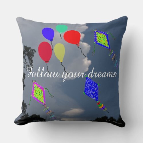 Balloons Kite Flying Fluffy Clouds 20 x 20 Throw Pillow
