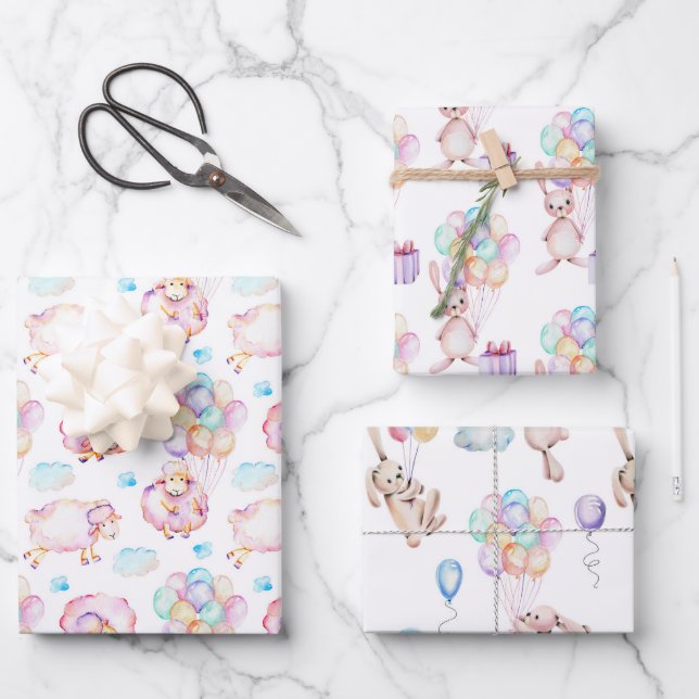 Balloons Lambs and Bunny Rabbits Pastel  Wrapping Paper Sheets (Front)