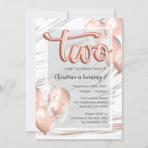 Balloons Letters Marble Rose Gold 2nd Birthday Invitation