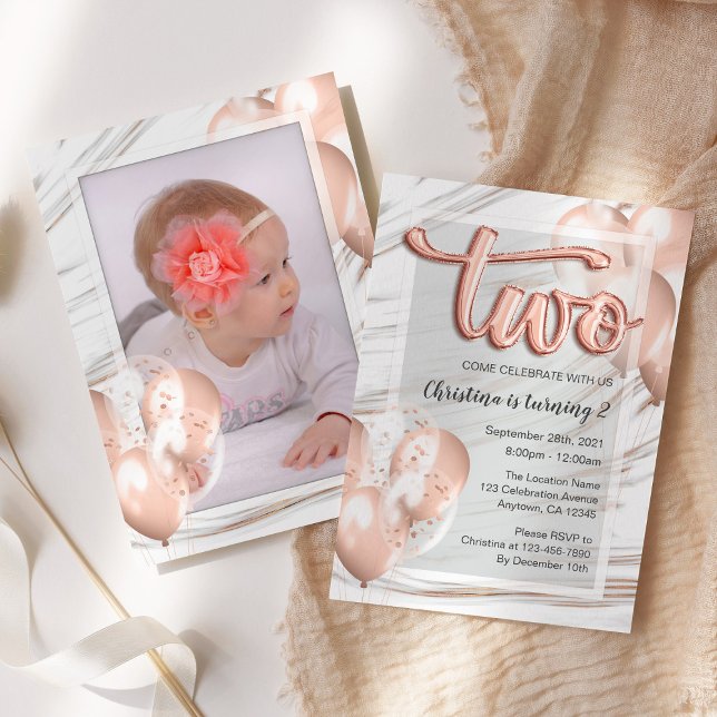 Balloons Letters Marble Rose Gold 2nd Birthday Invitation (Creator Uploaded)