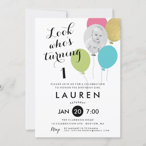 Balloons Look Whos Turning Birthday Party Photo Invitation