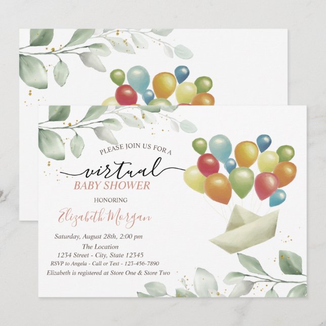 Balloons Mail Leaves Virtual Baby Shower Invitation (Front/Back)