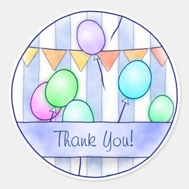 Balloons On Blue Stripes Classic Round Sticker (Front)