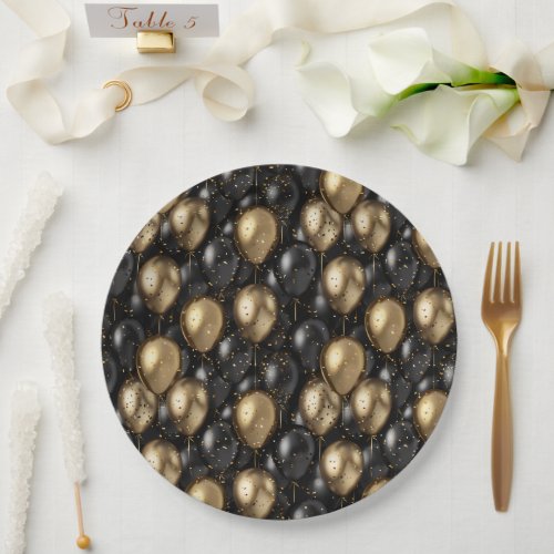 Balloons Paper Plates Birthday Black and Gold