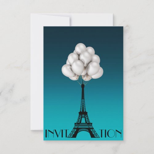 Balloons Paris Eiffel Tower Glam Chic Aquatic Invitation