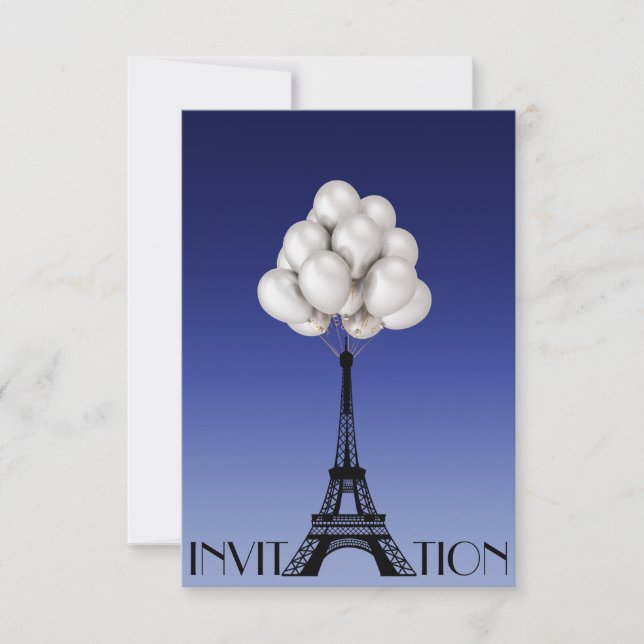 Balloons Paris Eiffel Tower Glam Chic Blue Invitation (Front)