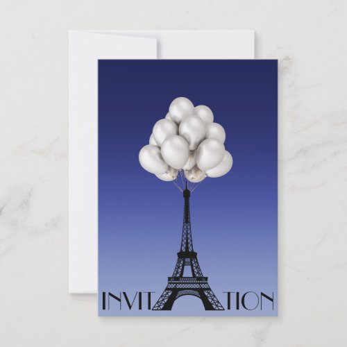 Balloons Paris Eiffel Tower Glam Chic Blue Invitation