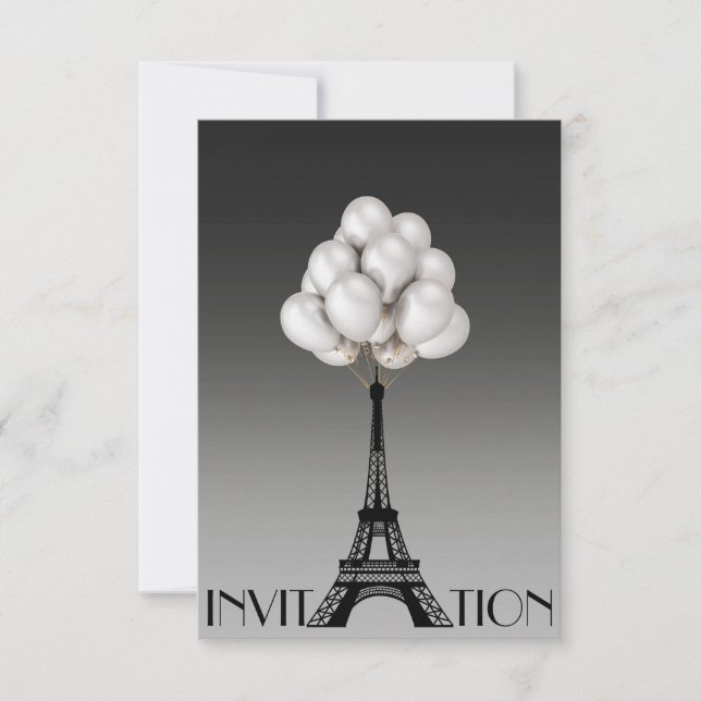 Balloons Paris Eiffel Tower Glam Chic Gray Invitation (Front)