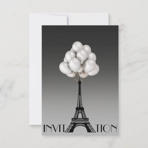 Balloons Paris Eiffel Tower Glam Chic Gray Invitation
