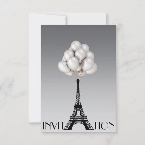 Balloons Paris Eiffel Tower Glam Chic Gray Invitation