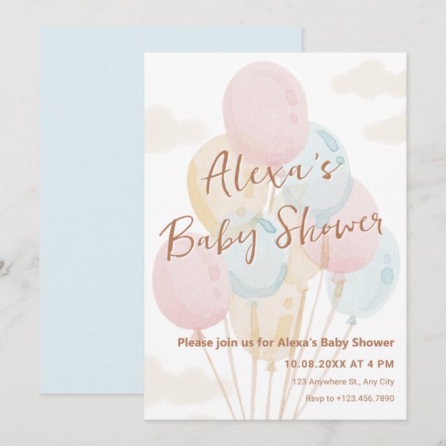 Balloons pastel watercolor baby shower invitation (Front/Back)