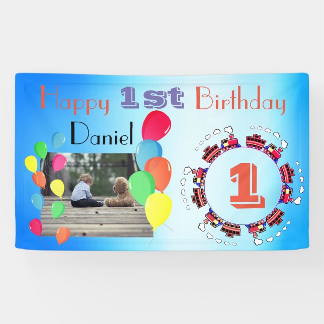 Balloons Personalized Baby Boy Happy 1st Birthday Banner (Horizontal)