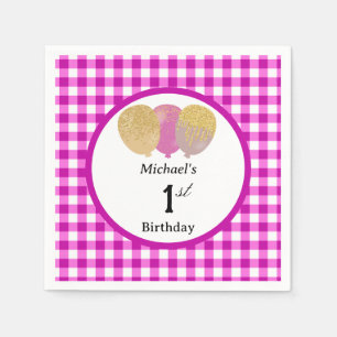 Balloons & Pink Gingham 1st Birthday Napkins