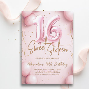 Balloons Pink Gold Calligraphy Elegant Sweet 16 Invitation