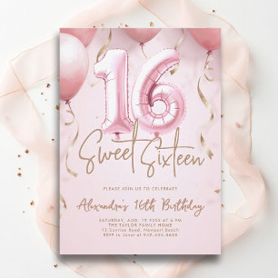 Balloons Pink Gold Modern Calligraphy Sweet 16 Invitation