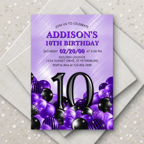 Balloons Purple 10th Birthday Invitation