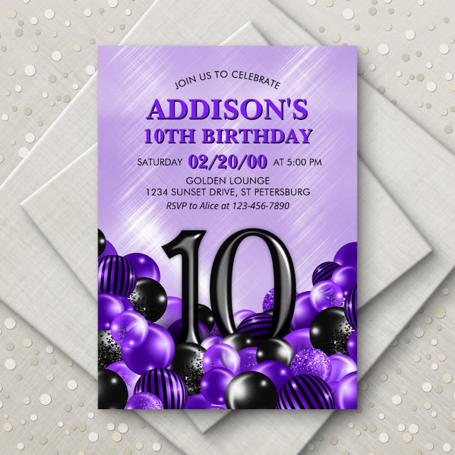 Balloons Purple 10th Birthday Invitation (Creator Uploaded)