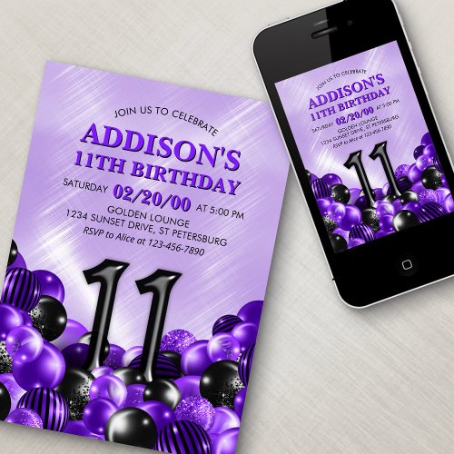 Balloons Purple 11th Birthday Invitation