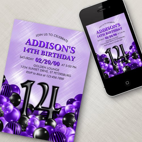 Balloons Purple 14th Birthday Invitation