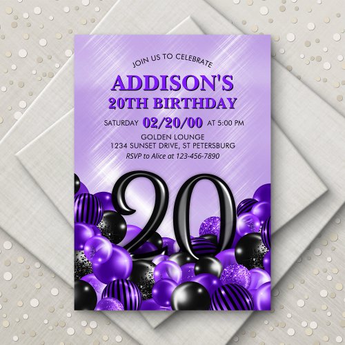 Balloons Purple 20th Birthday Invitation