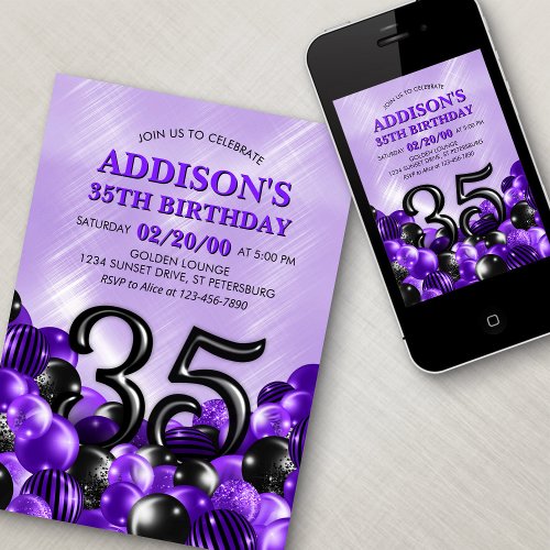 Balloons Purple 35th Birthday Invitation